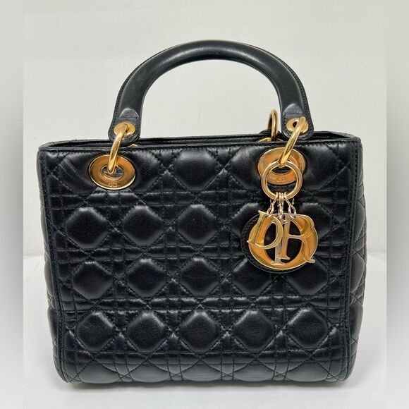 CHRISTIAN DIOR Lady Cannage Hand Tote Bag Leather Black Gold - Picture 3 of 13